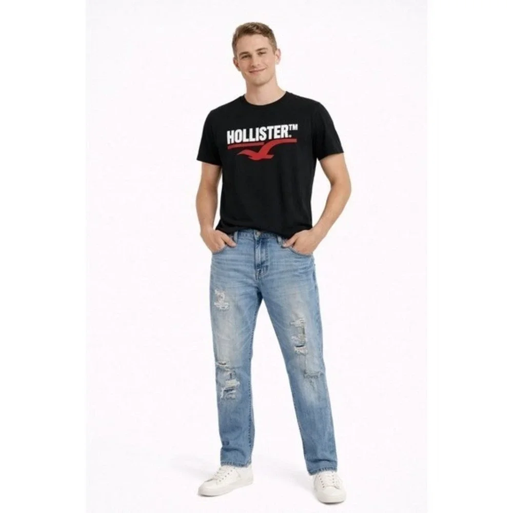 Hollister 33x32‎ Mens Slim Straight Epic Flex Distressed Ripped Blue Jeans